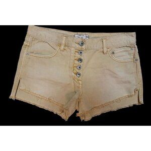 Free People Sz 26 Boho Hippie Retro Button-Fly Distressed Denim Shorts Mustard